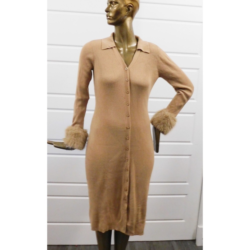 Saks Fifth Avenue Women's Beige Faux Fur‎ Long Sweater Dress Size M